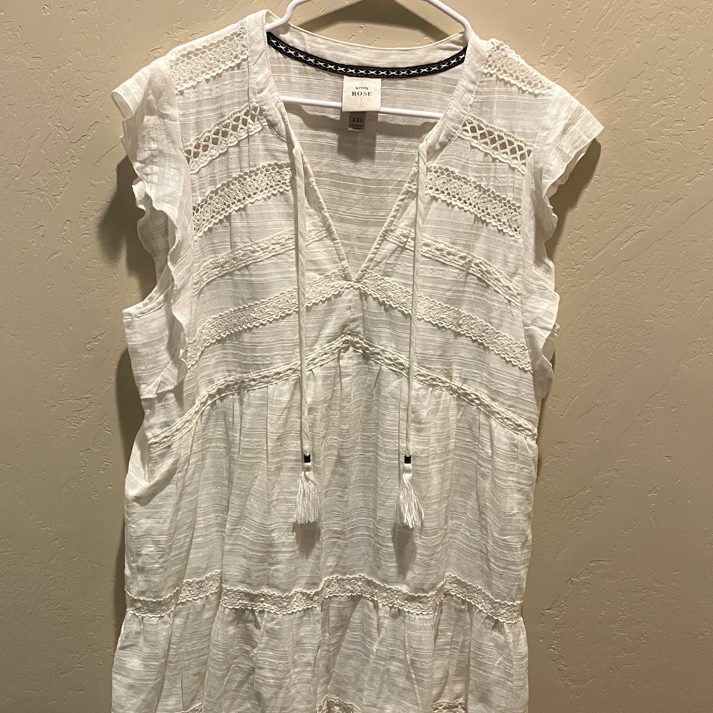 EUC Knox Rose XXL Ivory Flutter Sleeve Boho Tiered Dress with Lace Accents